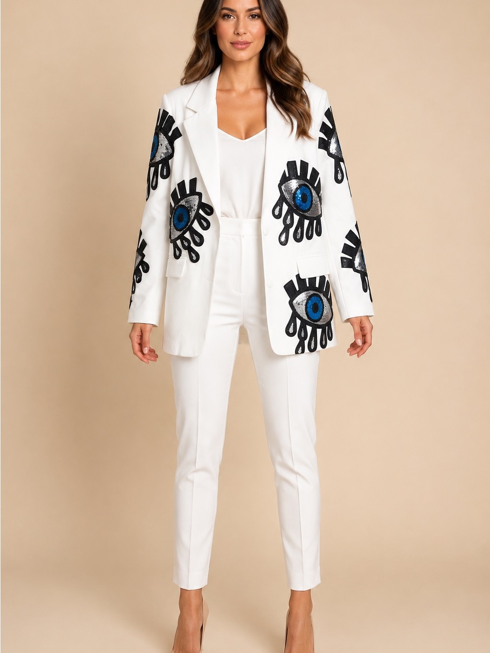 White Embellished Eye Blazer